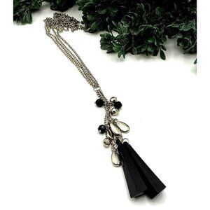 Long Silver Chain Necklace W/ Black & Silver Charms Geometric Tassels Multi-Stra